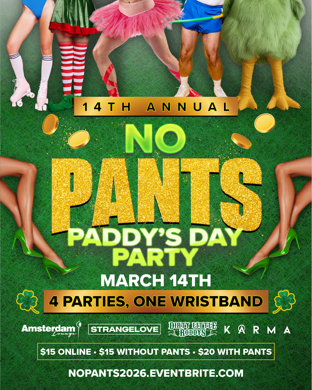 poster for No Pants Paddy's Day Party, Bar Crawl at Amsterdam Lounge, Dirty Little Roddy's, StrangeLove, and Karma in Boise, Idaho